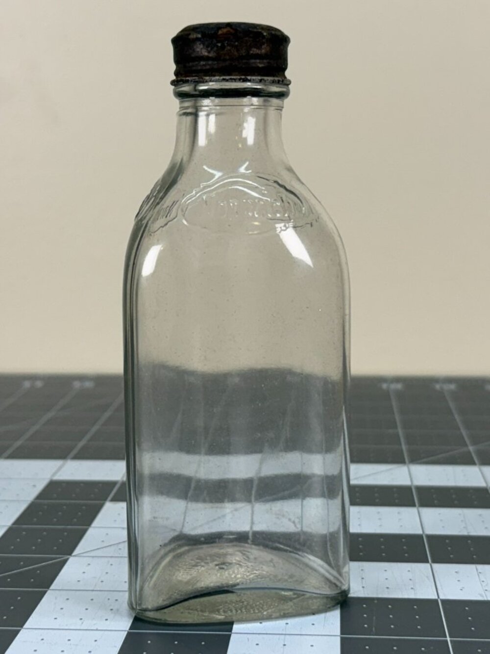 Vintage 1938 Norwich Glass Medicine Bottle Oval Flask Form with Metal Cap